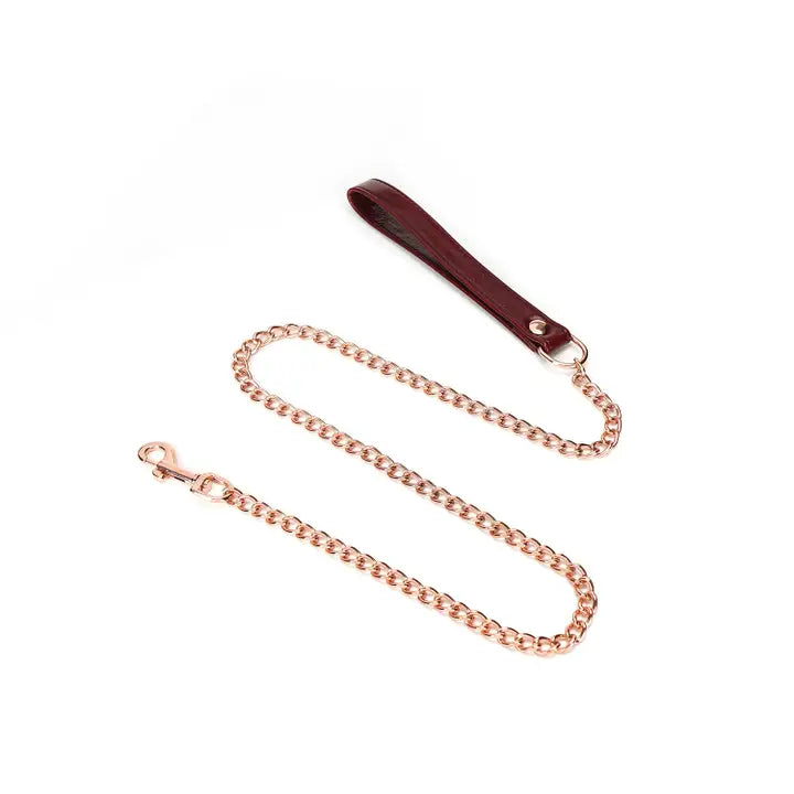 Wine Red - Leather Collar with Leash, Rose Gold Metal Hardware