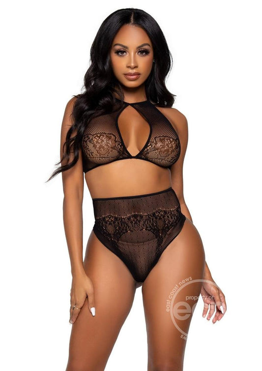 Leg Avenue Dotted Net Keyhole Halter Crop Top with Lace Accents and High Waist Thong Panty (2 pieces) - O/S - Black