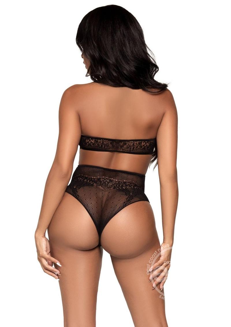 Leg Avenue Dotted Net Keyhole Halter Crop Top with Lace Accents and High Waist Thong Panty (2 pieces) - O/S - Black