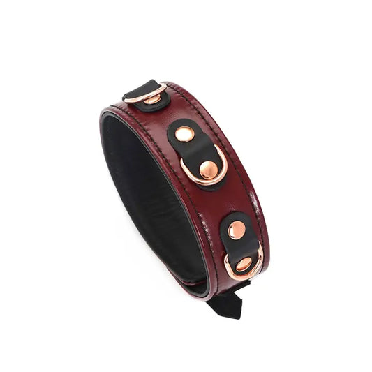 Wine Red - Leather Collar with Leash, Rose Gold Metal Hardware